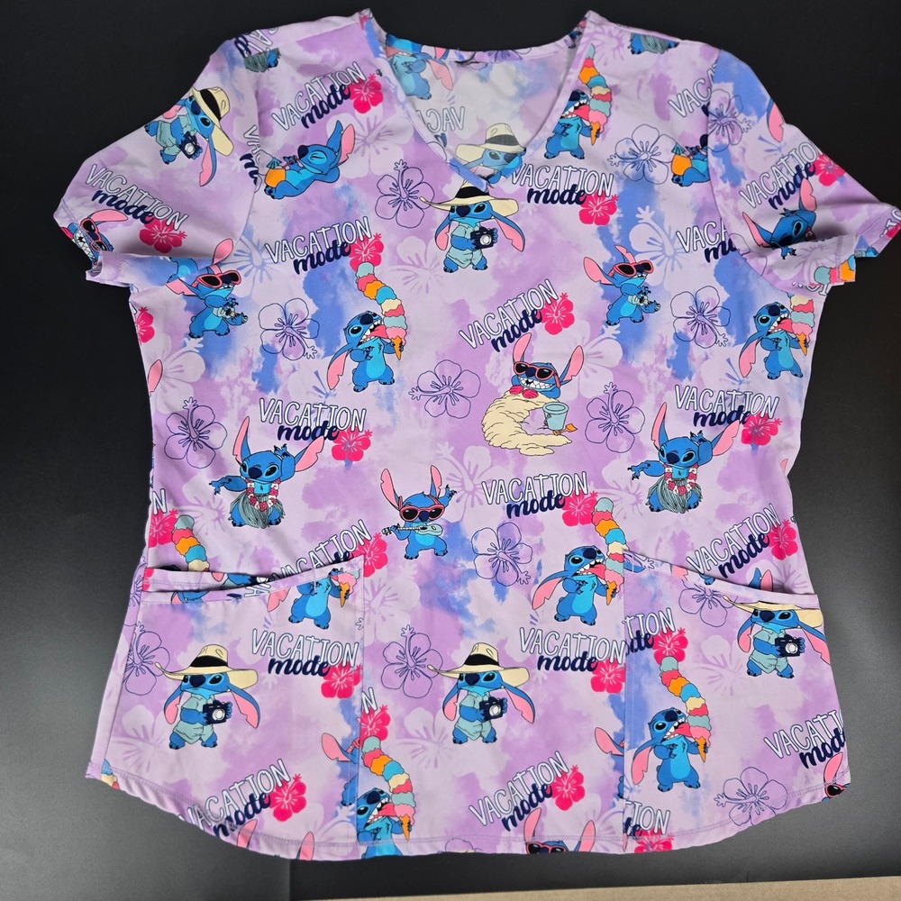 Disney Stitch Vacation Mode V-Neck Scrub Top Purple Tie Dye Tropical Floral